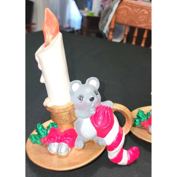 3 Vintage Mouse Stocking Holders Candy Cane Holly Christmas Decor - Picture 2 of 10